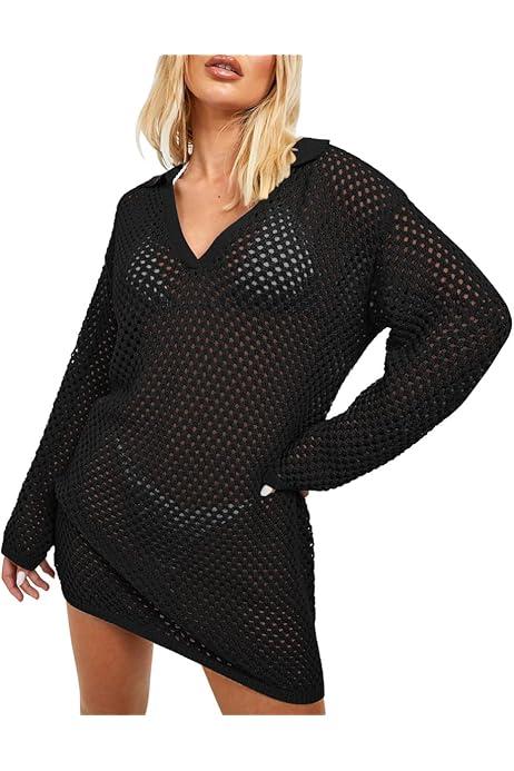 Pink Queen Swimsuit Coverup for Women 2025 Crochet Long Sleeve Hollow Out Mesh Knit Beach Cover Up L