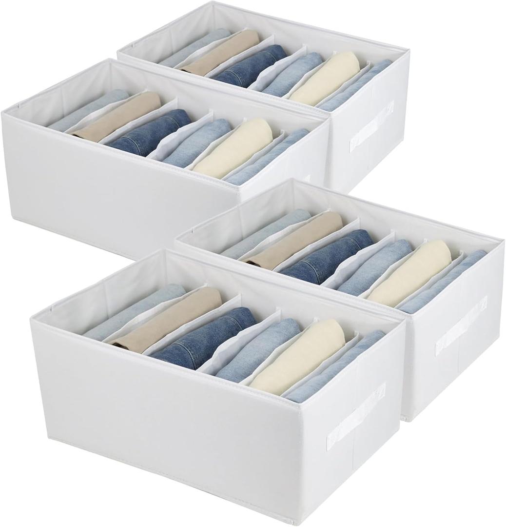 Extra Large Clothes Closet Organizer 6 Compartments for Jean Sweater Sheets to Shirt - Divided Clothing Storage Boxes for Closet, Wordrobe, Bedroom, Shelf (4pc White)
