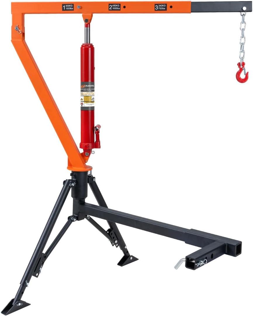 Rugcel 1500 lb Stretchable Receiver Hitch Mounted Hydraulic Swivel Pickup Truck Crane, with Three Boom Capacities of 750 lb, 1000 lb and 1500 lb (Hitch Crane 1500LB)
