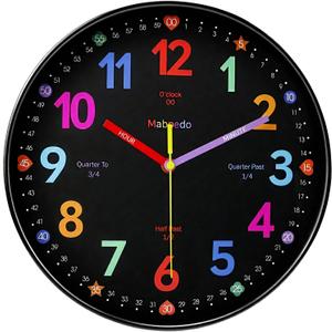 Learning Wall Clock, 12 Inch Classroom Clock, Battery Operated Silent Analog Wall Clocks for Bedroom Classroom Decor, Homeschool Supplies Telling Time Teaching Clocks for Kids, Black