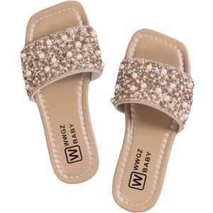 GORGLITTER Girl's Pearls Dress Flat Sandals Glitter Rhinestone Summer Open Toe Teens Slides (2 Big Kid, Brown)