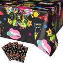 FunHot 80s Tablecloths, 80s Party Decorations, 4 Pcs 54 x 108 Inch Waterproof Rectangle Black Print Table Covers for Nostalgia Back to The 80s Theme Birthday Party Decorations
