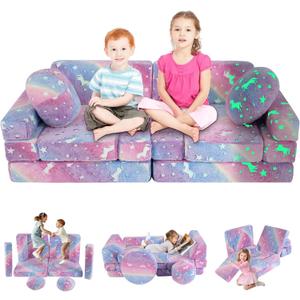 whiffee 13 PCS Kids Play Couch, Modular Glowing Kids Toddler Couches, Kid Play Couch Sofa for Playroom and Bedroom (Rainbow)
