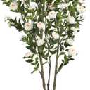 6.89ft Faux Camellia Tree, Handmade Artificial Floral Camellia Tree, Fake Pink White Blooming Flowers Green Leaves, Artificial Plants for Home Front Door Decor Indoor Outdoor Party Wedding