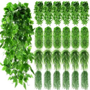 Daifunli 24 Pcs Artificial Hanging Plants Fake Hanging Ferns Plastic Faux Plants for Wall Room Garden Garland Indoor Outdoor Decor No Basket (Boston,Eucalyptus,Ivy Vine,String of Pearls)