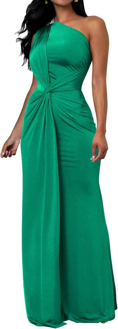 Memoriesea Women's Elegant Sleeveless One Shoulder Bodycon Evening Cocktail Maxi Dress (Large, Green)