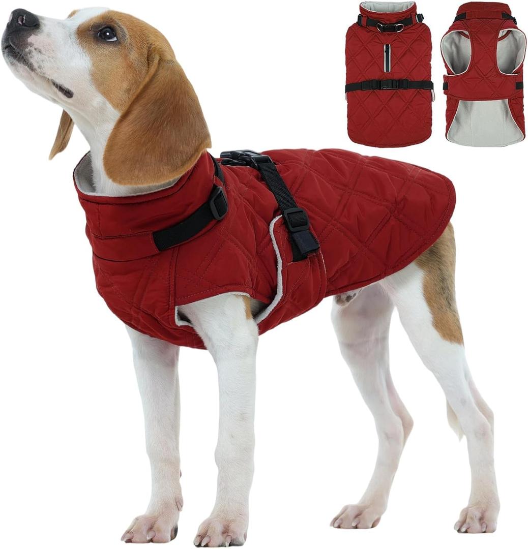 Kuoser Dog Coat Warm Fleece Lining Turtleneck Dog Jacket with Harness Built-in, Adjustable Windproof Cold Weather Coats with Quick Release Buckle Pet Winter Snowsuit for Medium Large Dogs, Red L (Large (Chest Girth:24.4"))