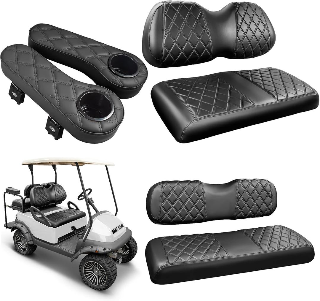 Golf Cart Front&Rear Seat Cover Armrests Fits Club Car Precedent
with Cup Holder,for 1" Square Tube,Scratch-resistant Vinyl Material (Black&Black Stitching)