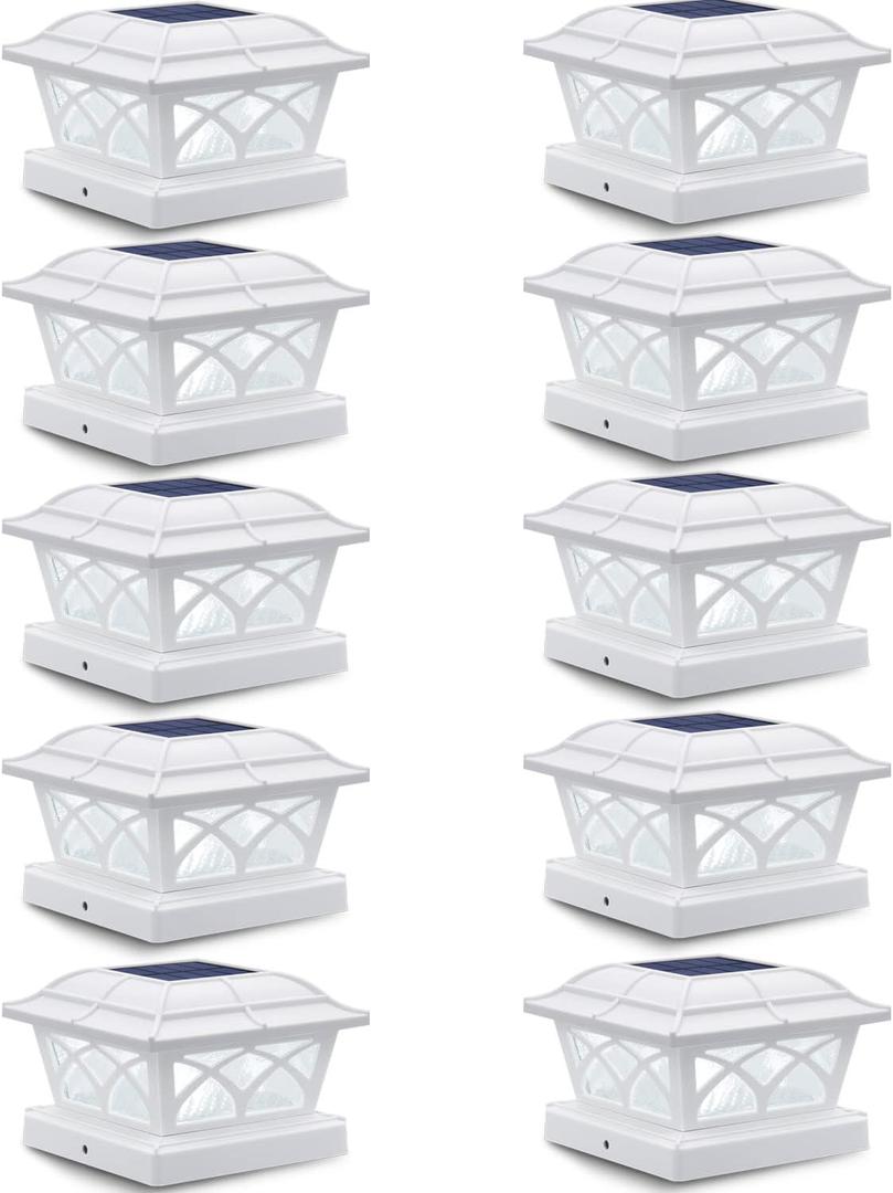 SIEDiNLAR Solar Post Cap Lights Outdoor Glass 2 Color Modes 8 LEDs for 4x4 5x5 6x6 Wooden Vinyl Posts Fence Deck Patio Decoration Warm White & Cool White Lighting White (10 Pack)