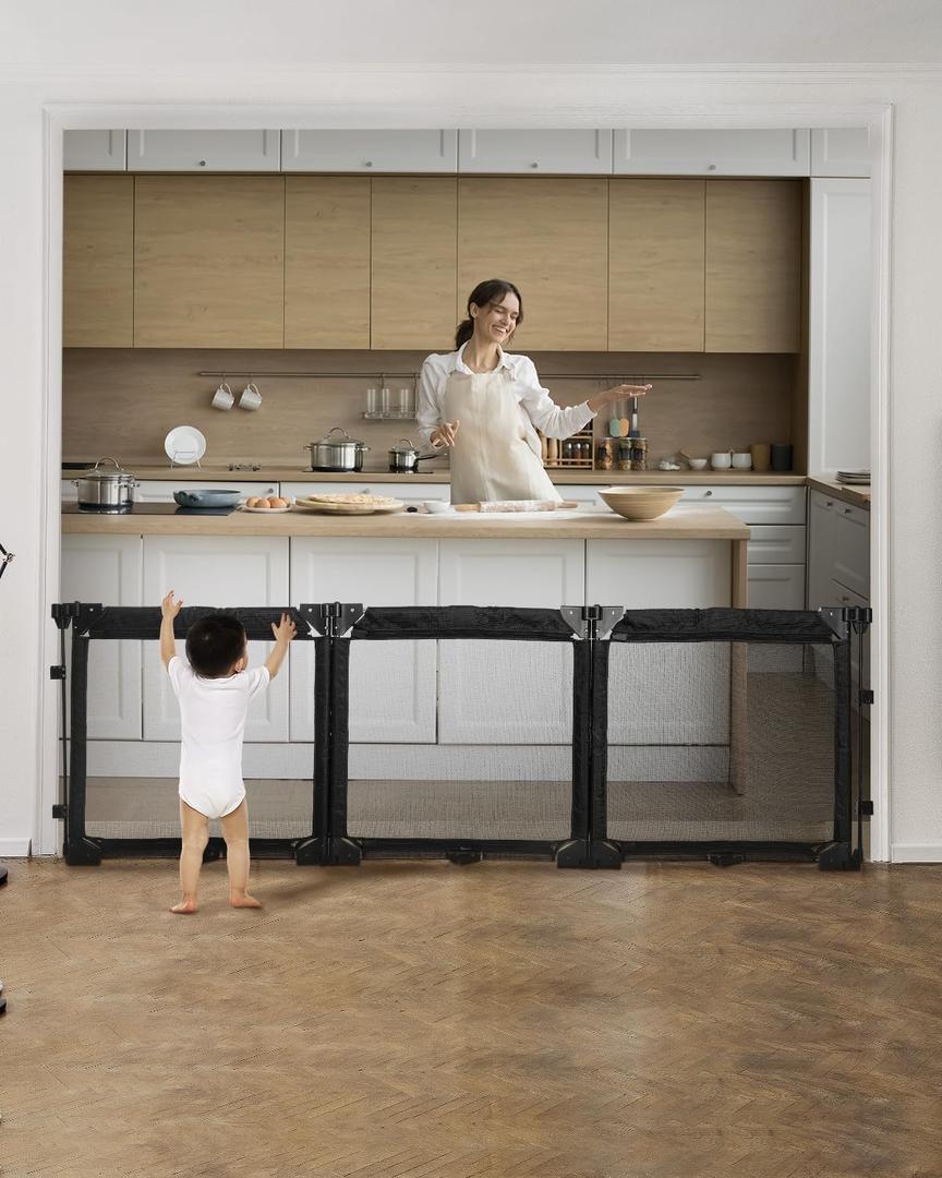 Extra Wide Baby Gate Playpen with Heat-Resistant Mesh,3 Panel Foldable Baby Fence,Indoor/Outdoor Safety Barrier,Dog Playpen & Fireplace Gate (82.5 Inch, Black)