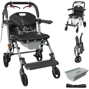 Portable Bedside Commode Chair 3-in-1, Foldable Toilet Chair with Raised Seat & Shower Chair, for Use with Wheelchairs for Adults, Heavy Duty Commode for Elderly, Disabled, Supports 330 lbs (BLACK), No Expiry Date