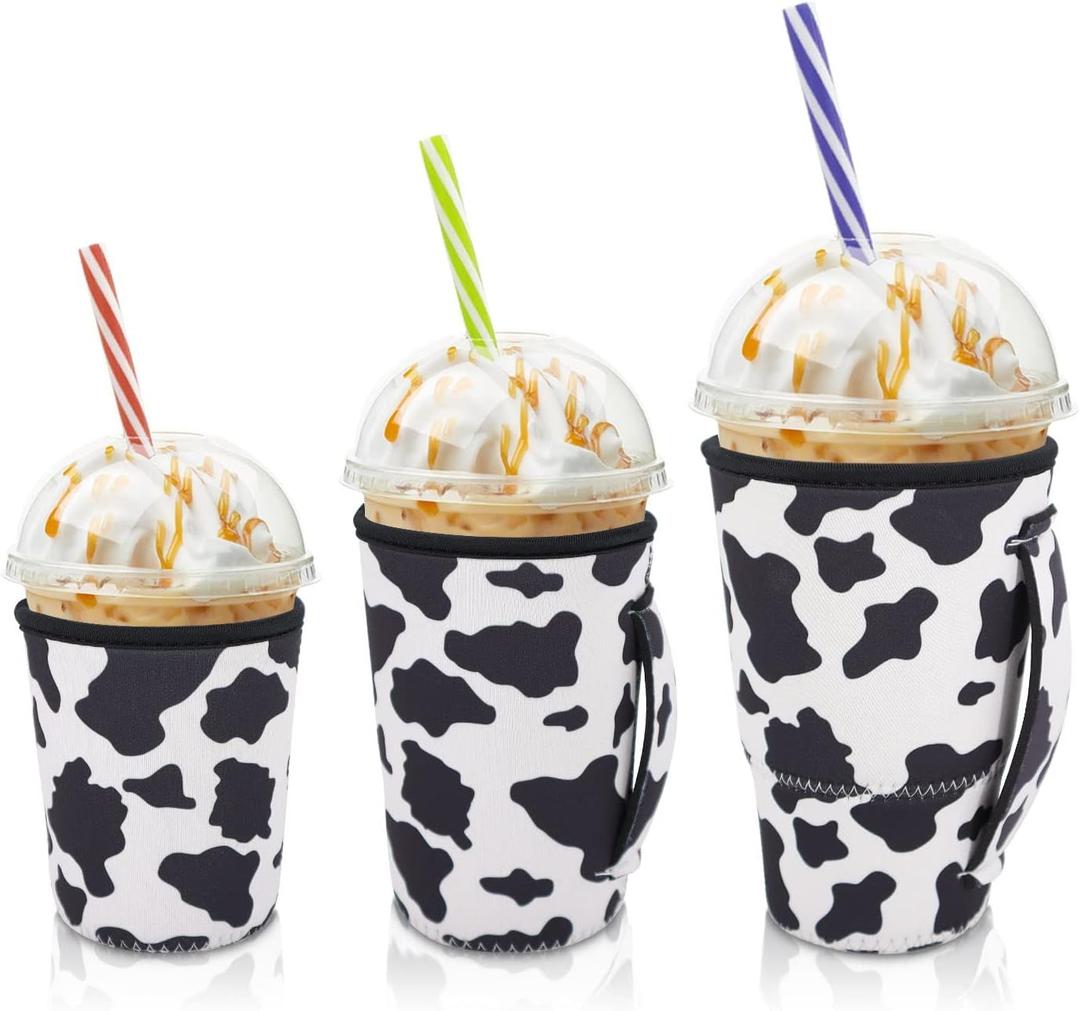 Iced Coffee Sleeve Insulator Sleeves for Cold Drinks Beverages, 3 Pack Reusable Neoprene Cup Sleeve with Handle for 16-32oz Coffee cups(Cow Print)