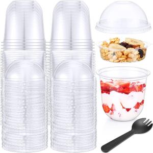 100 Pack 12 oz Clear Plastic Parfait Cups with Dome Lids No Hole Disposable Party Dessert Cups with Lids Insert Spork Round Fruit Containers with Lid for Yogurt Fruit Cereal Ice Cream