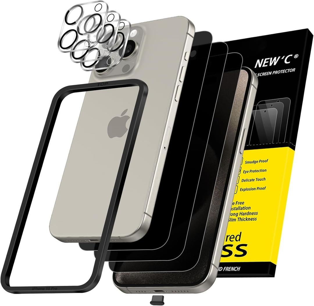 5 x NEW'C 3X Privacy for iPhone 15 Pro Screen Protector (6.1 inches)+ 3X Camera Lens Protector, Sensor Protection, Case Friendly Tempered Glass Film + Dust Plug - Easy Installation Tool Included