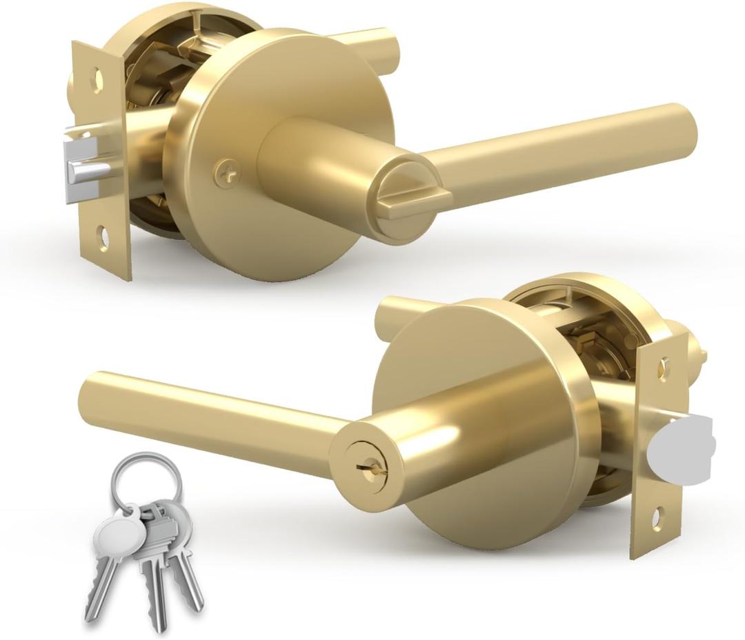 Mega Handles Ronn Entrance Entry Lever Door Handle Heavy Duty Round Locking Lever Set for Left or Right-Handed Doors, Interior/Exterior Door Levers - Satin Brass (1 Pack)