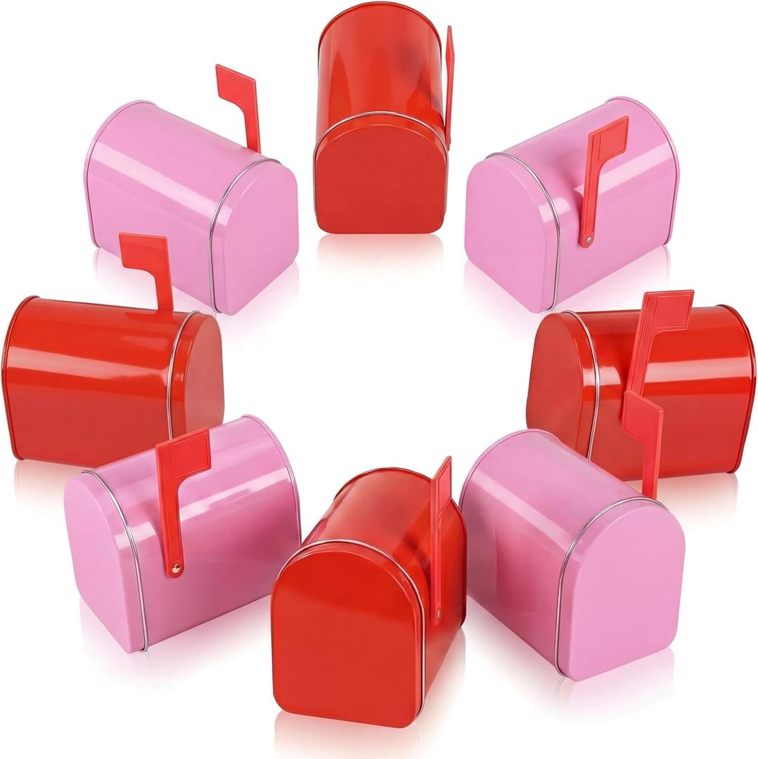 Frienda 8 Pcs Valentines Mini Mailbox, 5 x 3 Inch Mini Tinplate Tins Containers with Lids for Cards Cookie Candy Storage Playhouse Decorations, Small Boxes for Party Gifts (Red,Pink)