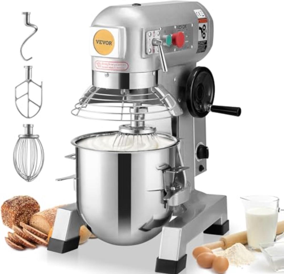 VEVOR Commercial Mixer, Commercial Food Mixer 10Qt Stainless Steel Bowl, 450W Commercial Stand Mixer with 3 Speeds Adjustable, Dough Hook Whisk Beater Included, Perfect for Bakery Pizzeria, Silver
