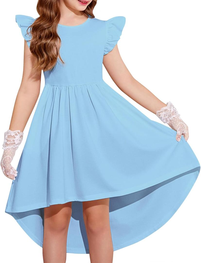 Arshiner Girls Summer Dress Tween Flutter Sleeve High Low Formal Dresses for Wedding Party with Pocket (7-8, Light Blue)