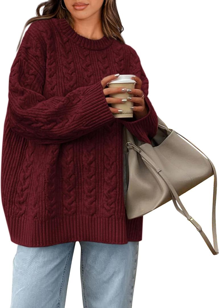 Okiwam Women's Oversized Sweaters Long Sleeve Crewneck Chunky Knitted Pullover 2025 Fall Fashion Solid Color Jumper Tops (Medium, Wine Red)