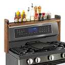 MyGift 33 Inch Stove Top Spice Rack - Deluxe Rustic Burnt Solid Wood and Industrial Black Metal Space Saving Over The Stovetop Range Storage Display Shelf