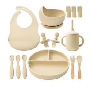 LITTLE RAWR Silicone Baby Feeding Set 14 Pcs,Baby Led Weaning Supplies, Baby Spoons Suction Bowl Divided Plate Bib Cup Finger Brush,First Stage Solid Food Eating Utensils  6+ Months(Beige)