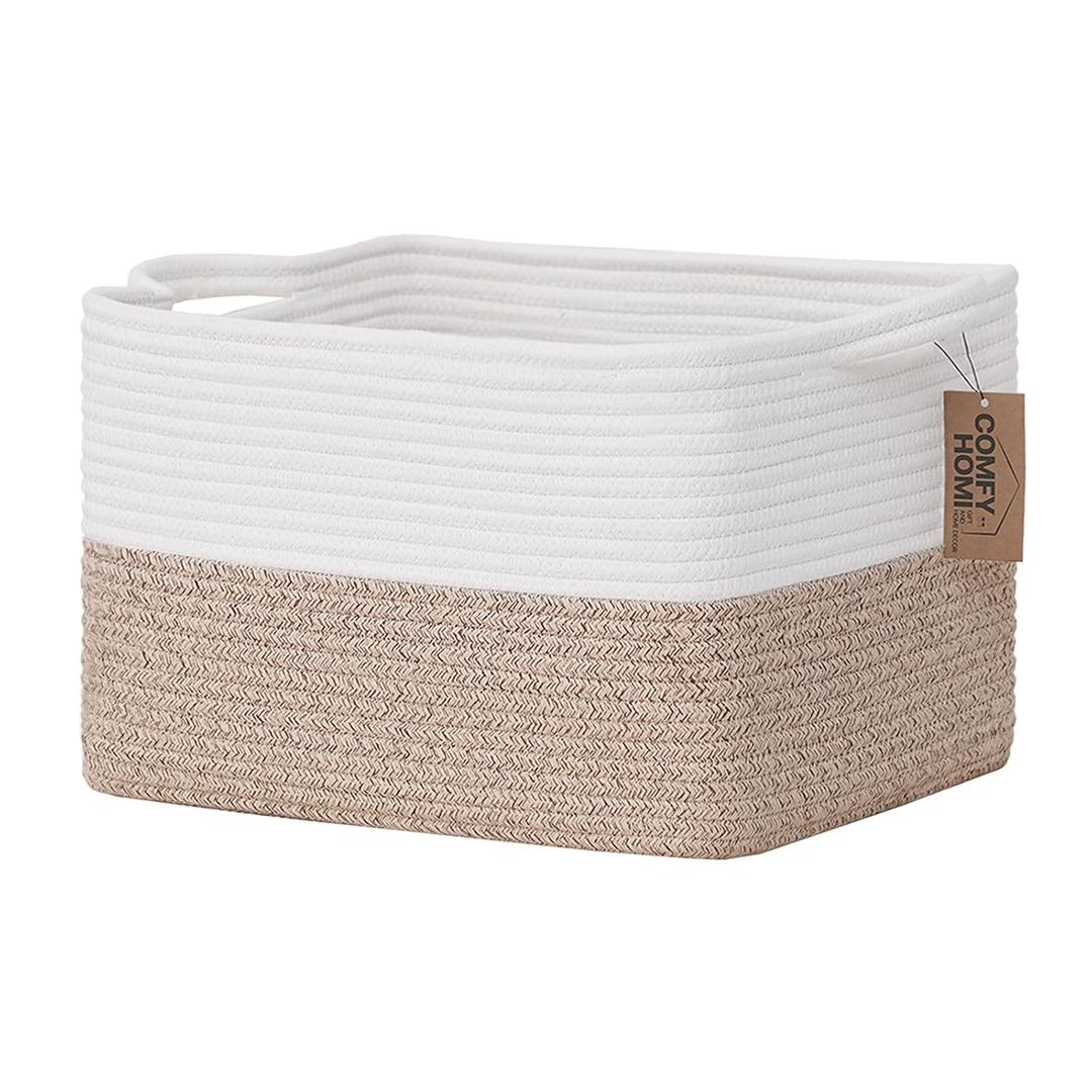 COMFY-HOMI Cotton Rope Woven Basket with Handles for Shelves,Toys,Book, Cloth Storage Baskets for Organizing-13.5" x 11" x 9.5" Toy Decorative Organizer for Living Room, Bathroom White/Brown