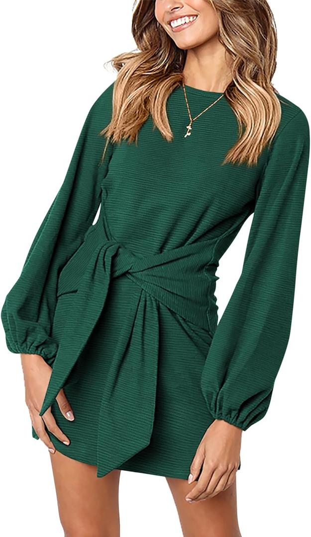 PRETTYGARDEN Womens Fall Elegant Long Lantern Sleeve Short Dress Wedding Guest Crewneck Tie Waist Knit Cocktail Dresses (Medium, Dark Green)