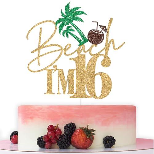 Beach I'm 16 Cake Topper, Summer 16th Birthday Anniversary Decorations, Happy 16th Birthday Cake Topper, Summer Hawaiian Tropical Beach Birthday Party Decorations Glitter