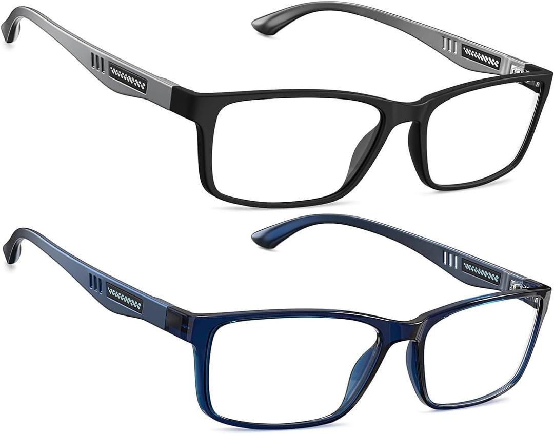 CARA 2 Pack Extremely Lightweight TR90 Reading Glasses for Men Durable Rectangular Frame, Blue Light Blocking Eyeglasses (Black+Blue, +3.00)