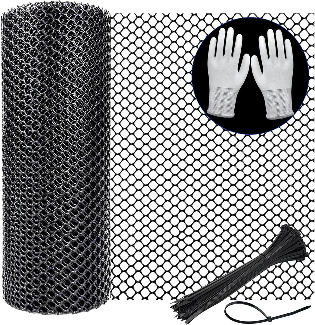Reinforced Plastic Mesh Fence Roll with 100 Pcs Cable Ties (250x5mm) and Gloves, 16.4 ft x 15.75" Plastic Chicken Wire Fencing, Balcony Netting for Pets, Dogs, Cat, Rabbits & Poultry- Black