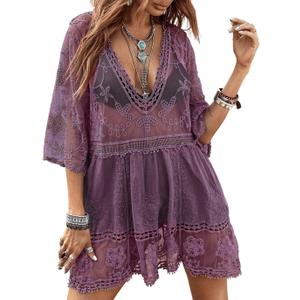 Eomenie Women's Contrast Lace Bathing Suit Cover Up V-Neck Swimsuit Coverups Loose Swimwear Beach Dress Beachwear Purple Eomenie Women's Contrast Lace Bathing Suit Cover Up V-Neck Swimsuit Coverups Loose Swimwear Beach Dress Beachwear Purple