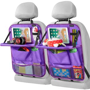 LUCMO Car Backseat Organizer with Tablet Holder-2 Pcs,6 Storage Pockets Car Storage Organizer with Foldable Food Tray,Protectors Kick Mats Travel Accessories-Dark Purple