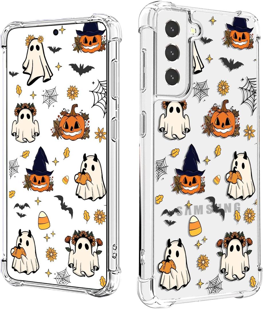 Spooky Halloween Case for Samsung S22, Slim Clear Cover with Cute Pumpkin & Ghost, Soft Touch Shockproof Bumper, 6.1" Protective Case