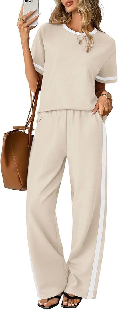 Sampeel 2 Piece Sets for Women Matching Sets Summer Outfits Resort Wear Short Sleeve Lounge Set Wide Leg Pants with Pockets L