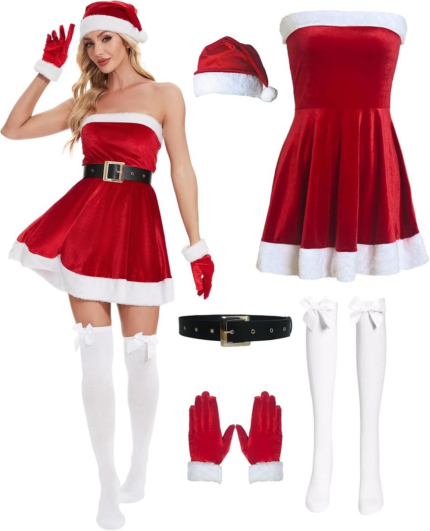 Women's Mrs. Claus Santa Costume 5 Pcs Christmas Dresses for Women Sexy Christmas Lingerie Set Cosplay Outfit, XL