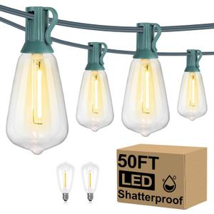Brightever 50FT Outdoor String Lights Waterproof, 2700K Bright LED Patio Lights with 27 ST38 Shatterproof Vintage Bulbs, Retro Edison String Lights for Outside, Garden, Christmas Decor, Green Wire (50FT-Warm White)
