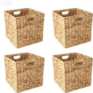 12x12in Storage Baskets,Set of 4 Water Hyacinth Baskets,Wicker Cube Baskets Laundry Organizer,Foldable Handwoven Storage Cubes,for Cube Shelf,Collapsible Laundry Baskets Pantry,Living Room,Bedroom