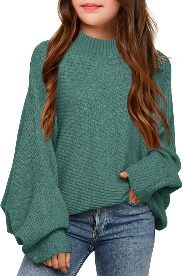 Mafulus Girl's Oversized Crewneck Fall Sweaters Kids Batwing Long Sleeve Slouchy Chunky Cute Pullover Jumper Shirts 9-10 Years, Z_mock_green