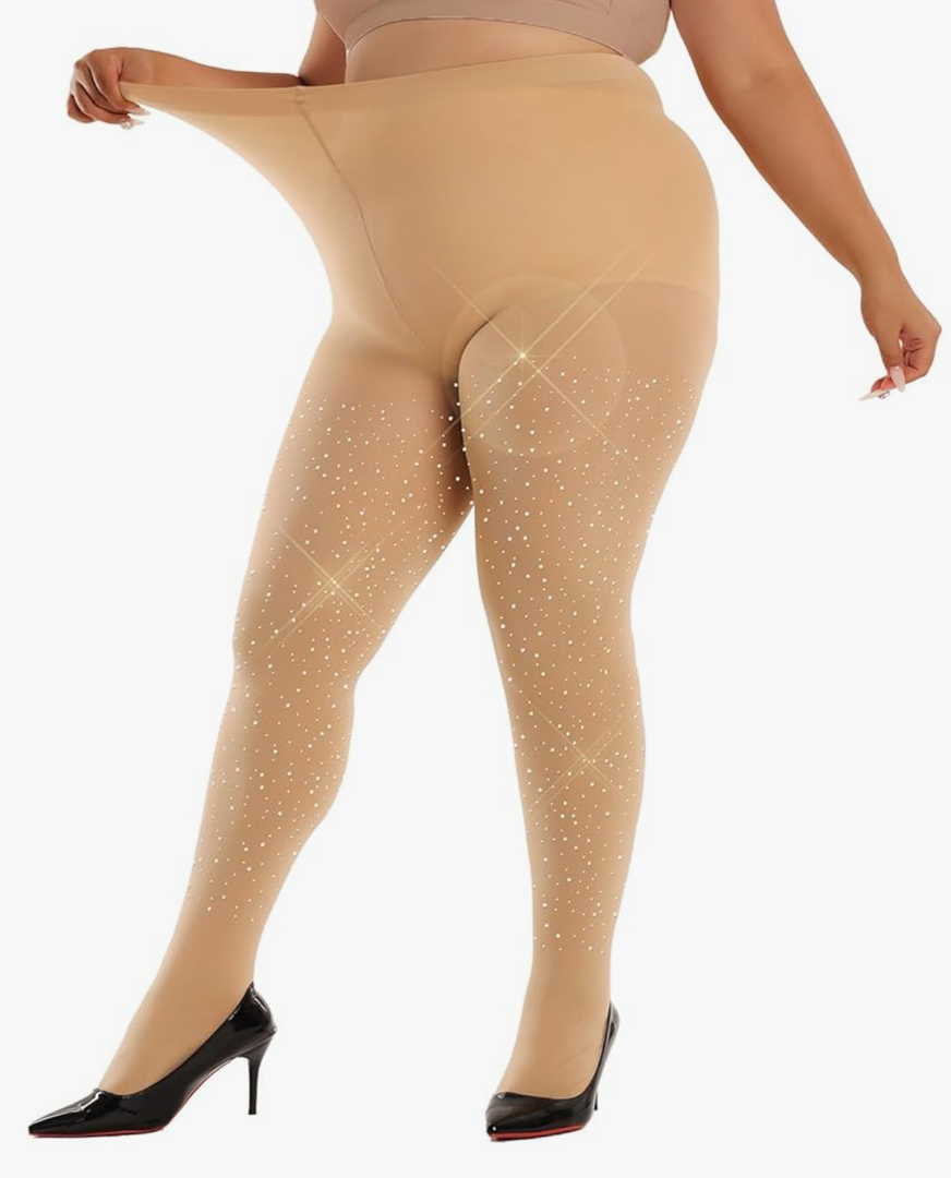 Women's 80D Sparkly Rhinestone Tights, Soft Footed Tights Opaque Solid Color Pantyhose Glitter Party Stockings Size XL