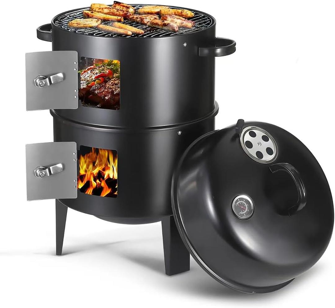 16.5 Inch Charcoal Smoker Grill with Thermometers and Air Vent, Multi-Layer Meat 3-in-1 Portable Vertical Smoker with 2 Access Doors Grill Smoker Black (16.5Inch)