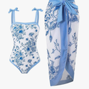 SHENHE Girl's Floral One Piece Swimsuit with Cover Up Sarong Wrap Tie Bow Cute Bathing Suit, 10Y