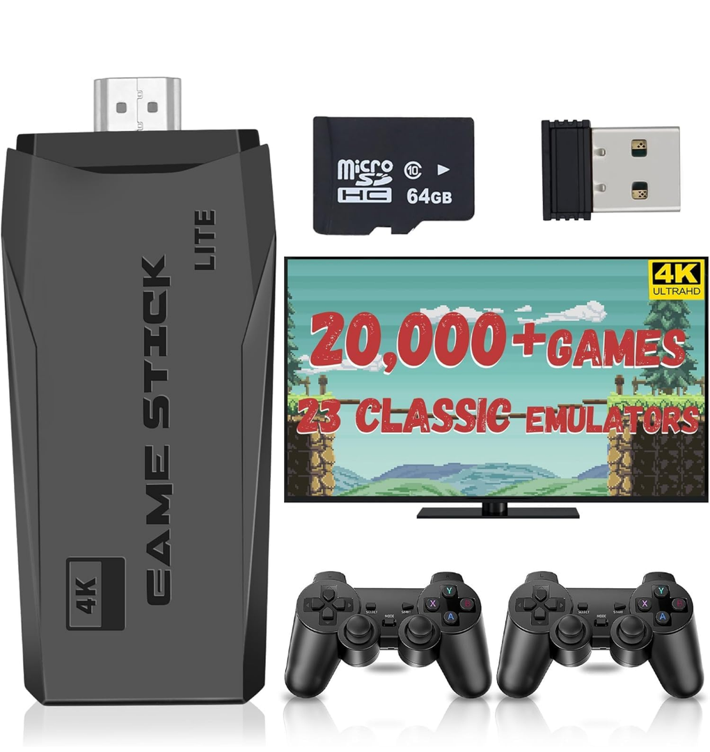 Wireless Retro Game Console, Retro Game Stick with Built-in 23 Emulators, 20,000+ Games, 4k Hdmi Output, and 2.4GHz Wireless Controller, Plug and Retro Play Video Games for Tv (64 GB)