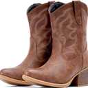 IXU Cowboy Boots for Women Wide Suede Ankle Western Cowgirl Boots Mid Calf Pointed Toe Short Chunky Classic Booties (Brown), Size: 8