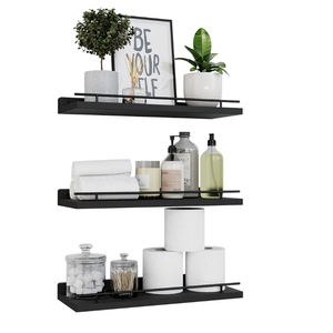 WOPITUES Floating Shelves with Black Metal Guardrail, Shelves for Wall Decor Set of 3, Wall Shelves for Bedroom, Bathroom, Kitchen, Living Room, Plants, Picture Frames, Art- Black