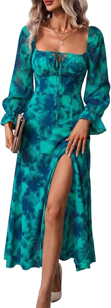 BLENCOT Womens Casual Square Neck Long Sleeve Boho Floral Midi Dress Print Side Split Dresses (Blue, L)