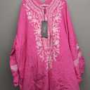 Traditional Mexican Embroidered Peasant Tops for Women, Plus Size Vintage Floral Tunic Shirts, Flowers Embroidery Blouses (3X-Large, Rose)
