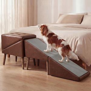 Dog Ramp for Bed, Wooden 23.62'' H Dog Stairs for Small/Medium-Sized Dogs and All Cats, Washable Non-Slip Silicone Surface pet Ramp, Foldable 2-in-1 Split Ottoman Design