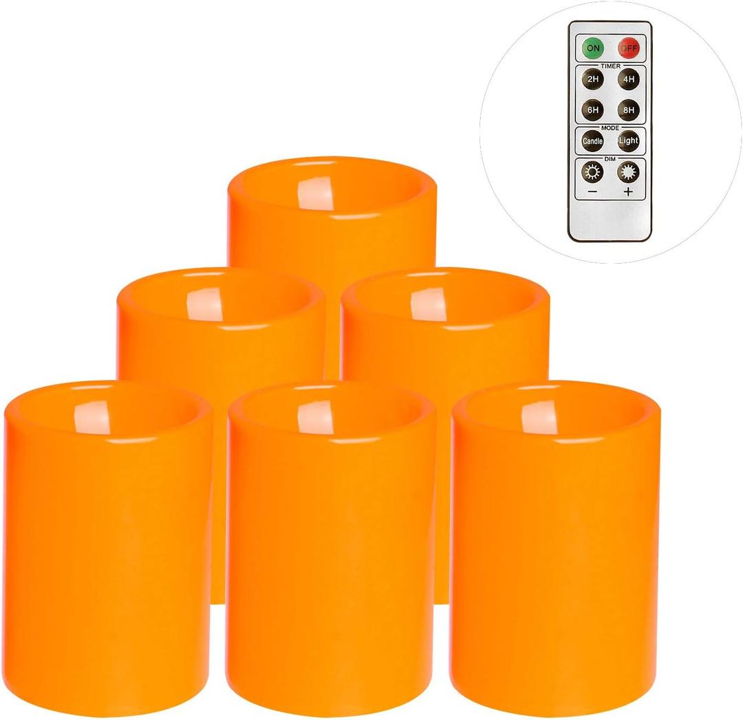 Flameless Flickering Plastic Led Candle, 6-Pack Battery Operated Pumpkin Color Remote Candle With Timer ,Fall, Autumn, Halloween Outdoor Decorations, 3x4 inch