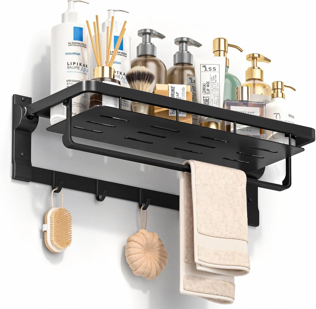 Rust-Proof Floating Shelves Organizer With Foldable Towel Bar 5 Towel Hooks Wall Mounted Organizer 23-Inch Towel Racks For Bathroom Lavatory Kitchen Rv Home Decor, Matte Black