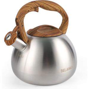 BELANKO 2.7 Quart Tea Kettle for Stovetops - Food Grade Stainless Steel Teapot with Loud Whistle, Cool-Touch Wood Pattern Handle, Rust-Resistant Whistling Kettle - Classic Silver